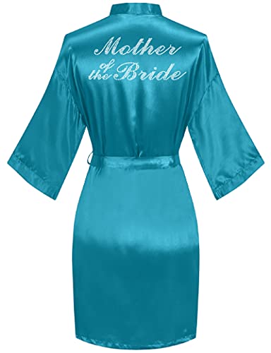 sunshinemall Women's Satin Kimono Robes with Rhinestones Bride Bridesmaid Short Sleepwear Wedding Dressing Gown, Mother of Bride-teal, S-M