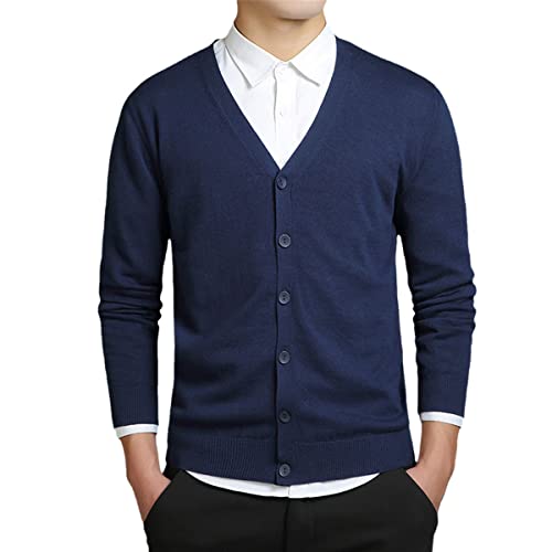 Pull tricoté en coton pour homme manches longues bleu uni boutonné taille XXXL col V