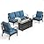 SUNSHINE VALLEY 4 Piece Black Metal Outdoor Patio Furniture Sets with Firepit Table, Patio Conversation Sets 1 3-Seater Sofa, 2 Single Sofa with 5.75" Thick Cushion Backyard Furniture for Deck, Navy