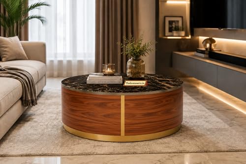 Image of Marble Top Royal Crest Round Center Table | Premium Marble Top Coffee Table for Living Room | Modern Luxury Design 36x36x17 Inch (Wooden)
