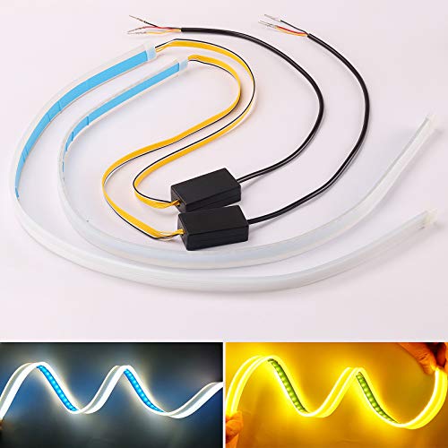 Kinstecks 2PCS 24 Inch Flexible Dual Color LED Headlight Surface Strip Tube Light Daytime Running Light Decorative Lamp FLowing Turn Signal Light for 12V Cars-White&Amber