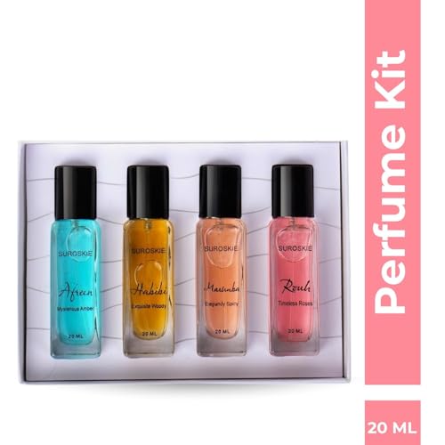 Image of Suroskie Unisex Perfume Gift Set For Men & Women (4 X 20Ml) | Luxury Eau De Parfum | Long Lasting & Pocket Freindly | Aromatic Blend Of Aqua, Saffron, Cinnamon | Citrus, Floral & Woody Notes Fragrance