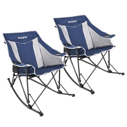 SUNNYFEEL Oversized Folding Rocking Camping Chair 2 Pack Fully Padded Patio Chair Blue Portable Outdoor Rocker High Back Portable Lawn Recliner with Side Pocket Camp Rocker Chairs Heavy Duty 500 LBS by SUNNYFEEL - Used condition - US$120.61