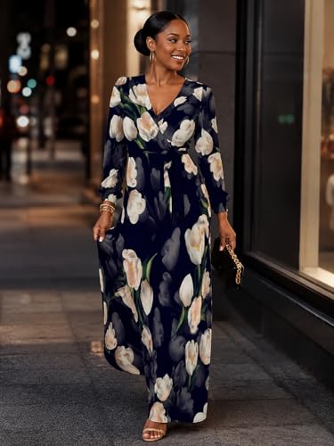 Image of PinkPatty Plus Size Dresses for Curvy Women V Neck Flowy Long Sleeves Wrap Maxi Dress Travel Vacation Outfits
