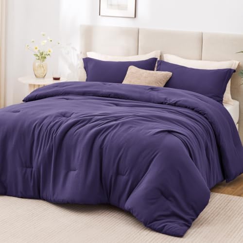 Image of Love's cabin Purple Full Comforter Set, 3-Piece Prewashed Bed Set with 1 Comforter (79 x 90 in) & 2 Pillowcases, Lightweight & Breathable for All Seasons