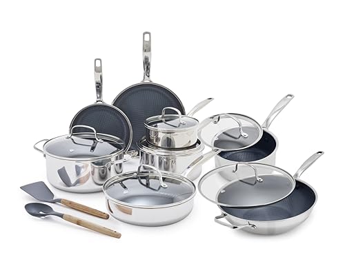 Blue Diamond Hybrid Nonstick Stainless Steel 16 Piece Cookware Set, Tri-Ply PFAS-Free Ceramic Diamond Bond Pots & Pans, Dishwasher & Oven Safe to 850F, Induction Ready, Metal Utensil Safe, Silver