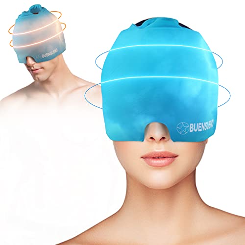 BUENSUENO 360° Gel Ice Headache Relief Hat for Migraine, Cold & Hot Therapy Reusable Head Pack Wrap Cap Relief Device, Form Fitting Eye Mask for Tension, Puffy Eyes, Sinus, Stress Relief Blue