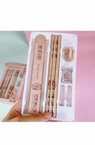 Kit Escolar Capivara, 8 Peças, da Capy Bara: Lápis, Régua, Apontador e Borracha, Tema Capivara