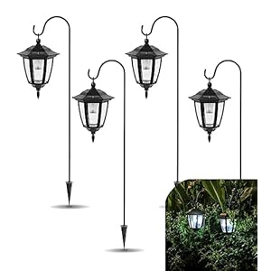 vioview Hanging Solar Lights Outdoor Waterproof, 35 Inch Shepherd Hook Lights with 4 Shepherd Hooks, Solar Lantern Lights for Garden Decor, Pathway, Porch Decor, Patio, Backyard and Yard, 4 Pack