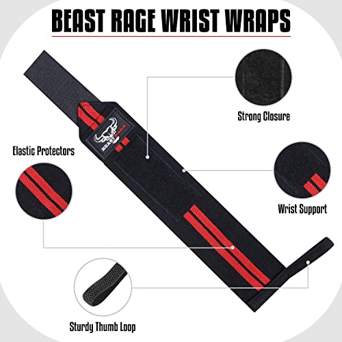Beast Rage Wrist Wraps Weight Lifting Training Muscle Building Performance Fitness Training Gym Straps Thumb Loop Support Stretchable Cotton Bandage Brace Training Cuff (Red/Black) #TOP3