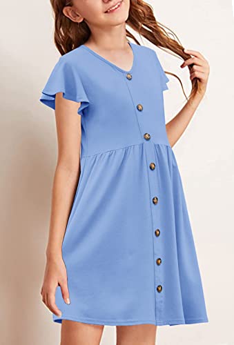 Hosika Girls Short Sleeve Button Down Ruffle Casual A-Line Swing Midi Dress With Pockets For Kids 12-13 Years Light Blue #TOP1