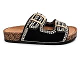 COMPRISA Sandalias Mujer Verano Planas con Hebillas Ajustables, Dos Correas Bordadas, Suela de Corcho Blando, Chanclas Cómodas (NEGRO, Adulto, Mujer, 37, Números, Sistema tallas calzado EU, mediano)