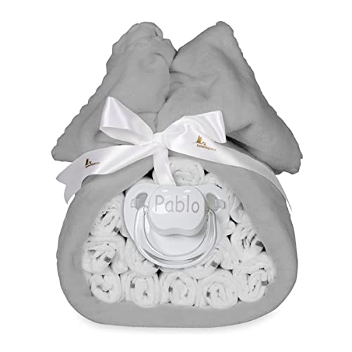 BebeDeParis Tarta Pañales Recién Nacido con Manta Bordada + 15 Pañales Moltex Talla 2 (3-6 Meses) + Chupete Personalizado Nombre