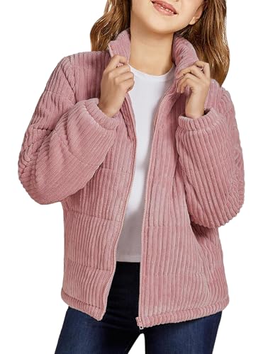 Floral Find Girls Long Sleeve Winter Jacket Coats Zip Up Stand Collar Corduroy Quilted Outerwear Jackets with Pocket (Pink, 6-7Y)