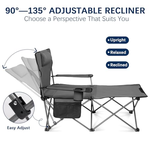 Image of apollo walker Reclining Beach Chair, Adjustable 90-135 Backrest Camping Lounge Chairs for Adults, Folding Chair with Foot Rest & Detachable Pillow - Standard 6-Leg, Grey