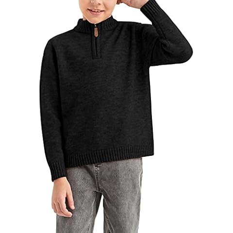 GAMISOTE Boys Sweater Quarter Zip Up Chunky Knit Mock Neck Warm Pullver Kids Knitwear Black Cover