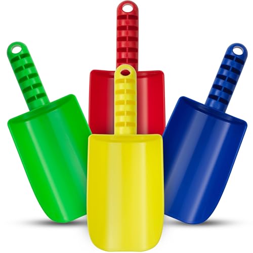 Sand Shovels for Kids – (Pack of 4) 8 Inch Beach Shovel Set with Mesh Carrying Bag for Children and Toddlers – Outdoor Sandbox Toys for Digging, Planting or Playing in Snow