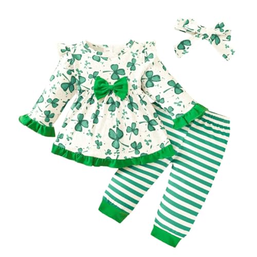 Baby Girl St Patricks Day Outfit Infant Long Sleeve Clover Print Ruffle Tops Striped Pants (Green, 3-6 Months)