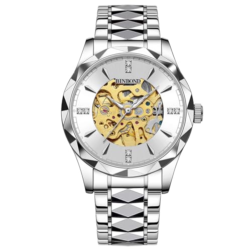 JewelryWe Herrenuhr Automatik Uhr Herren: 30m Wasserdicht Automatisch Mechanisch Armbanduhr Männer Leuchtend Skelett Militär Automatikuhr mit Silber Edelstahl Armband und Weiß rundem Zifferblatt