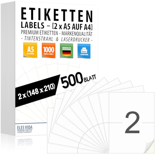 Etiquetas autoadhesivas DIN A5 (2 por hoja A4) 210 x 148 mm, imprimibles, superficie blanca mate, compatibles con impresoras de inyección de tinta y láser, pegatinas para muchos sectores - Fabricado