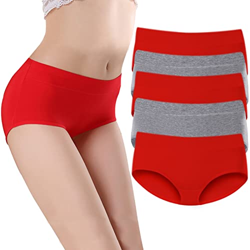 Amzchpc Women's Briefs Cotton Underwear Mid Waisted Panties Soft Underpants 5Pack (L, Red+Gray) #TOP27