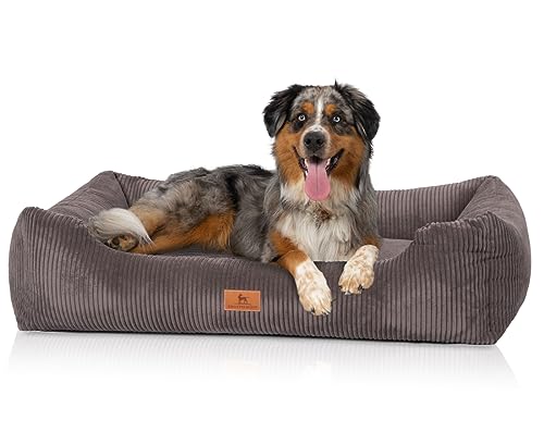 Knuffelwuff Hundebett aus Cord mit Handwebcharakter Olivia M-L 85 x 63cm Braungrau - Abnehmbarer Bezug - waschbar - für große, mittelgroße und kleine Hunde