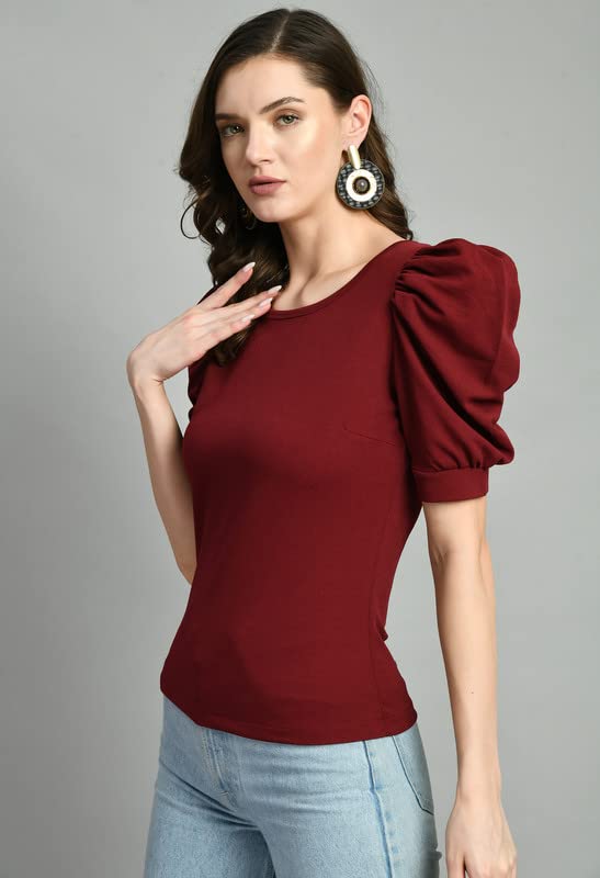 Image of IUGA Plain Round Neck Cotton Knit Regular Top for Women (115 Black)
