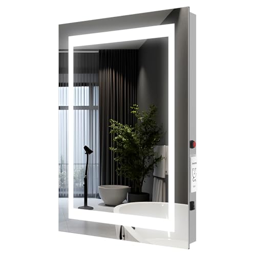 Quavikey® LED Bathroom Mirror with Light and Shaver Socket, IP44 Waterproof for Shower & Anti-Fog, LED Lighting for Makeup & Shaving, Grey Frame, Tempered Glass, Wall Mounted, Metal Aluminium, 50x70cm