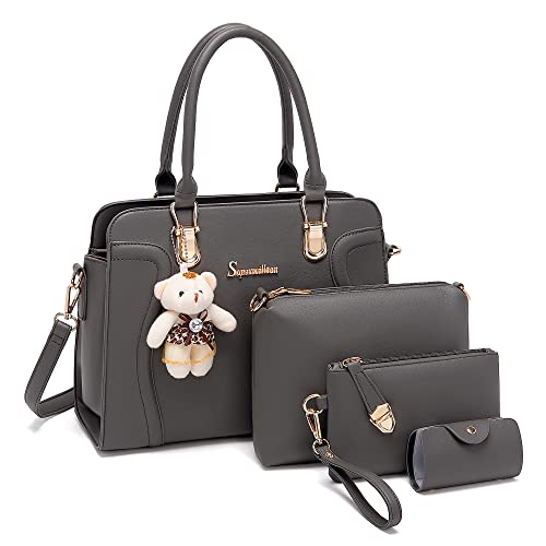 Image of Women's Fashion Handbag Tote Bag Shoulder Top Handle Satchel Purse Set 4pcs | Stylish Style,Chain Texture Design,Ample Space,Bear Doll Decoration,with a Crossbody Strap