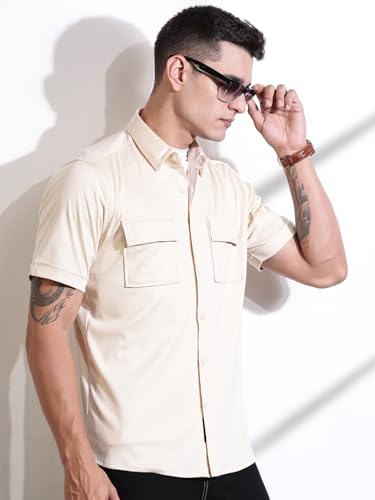 Image of Thomas Scott Men's | Solid | Half Sleeve | Slim Fit | Cotton Blend | Double Flap Pocket | Spread Collar | Casual Shirt