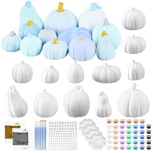 Vertintong 12 Set Ceramic Pumpkins DIY Painting Kit for Adults Fall Ready to Paint Pumpkin Statues Paint Your Own Halloween Pumpkin Figurines Adults Unpainted Crafts with Brush Palette(Blue Color)