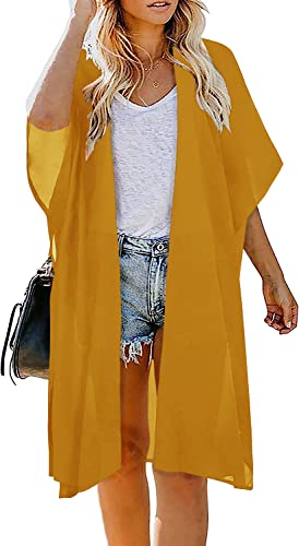 Image of Indian Trendy Women's Solid Puff Sleeve Kimono Long Cardigan Loose Cover Up Casual Blouse Top Chiffon