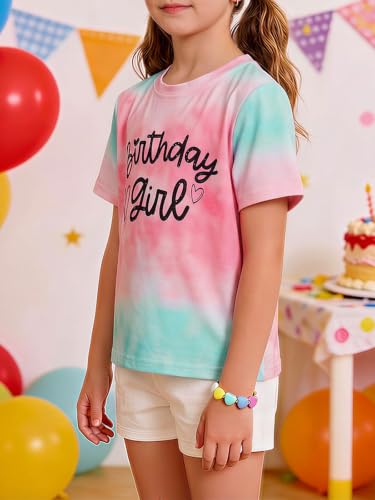 Image of Girls' Birthday Girl Letter Print T-Shirt with Bracelet, Pink, Size 4-12Y, Short Sleeve