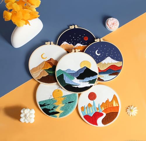 Image of GLTAYLMY 3 Set Landscape Embroidery Kits for Beginners with Mountain Sun Moon Pattern,Adults Starter Cross Stitch Kit DIY Needlepoint Kits