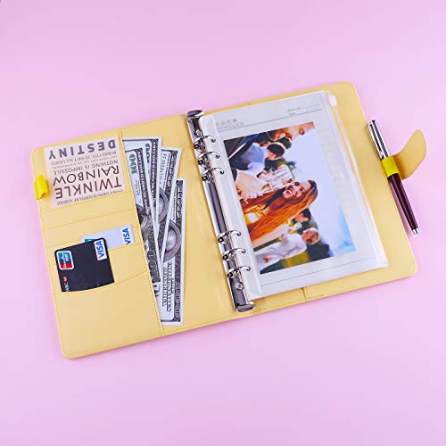 Image of Antner A5 Notebook Binder 6 Ring Refillable Budget Planner Cover for Cash Organizer, PU Leather Aesthetic Photocard Holder Loose Leaf Small Binder with Magnetic Buckle for A5 Planner Inserts, Yellow
