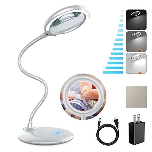 XYK 3X Dimmable Led Magnifying Lamp, Desktop Magnifying Glass with Light and Stand for Reading Seniors Hobbies Crafts Workbench - Silver