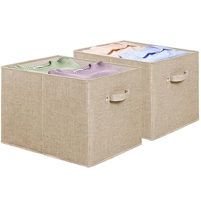 Simple Houseware 15 x 13 Inch Collapsible Fabric Storage Bin with Handles, 2 Pack, Beige