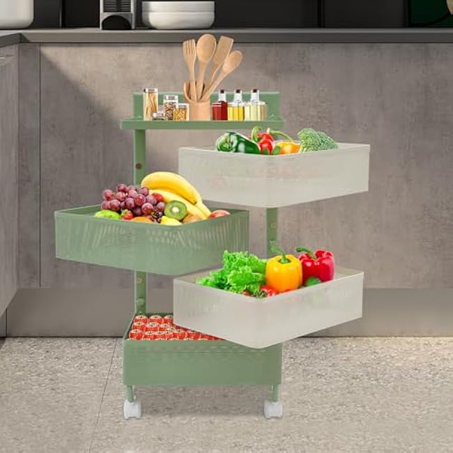 4 Tier Rotating Kitchen Storage Rack Cart with Wire Basket, Carbon Steel Fruit and Vegetable Baskets Bowls for Kitchen with Wheels & Top Lid, Rolling Storage Cart for Cans Snacks (Green)-FY7vWAWE