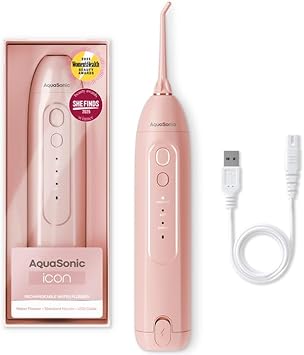 AquaSonic Icon Water Flosser for Teeth Cordless Rechargeable Oral Irrigator Waterproof, Portable Dental Cleaning with Jet Tip Braces Home Travel - Blush