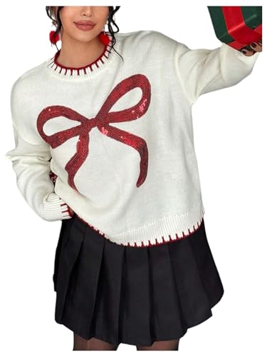 Image of RoseSeek Women's 3D Floral Appliques Crewneck Sweaters Long Sleeve Drop Shoulder Pullovers Elegant Knit Tops