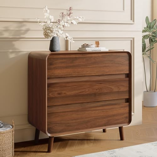 Image of Nasonet 3 Drawer Dressers for Bedroom, Mid Century Modern Chests of Drawers, Curved Dresser with Storage Drawer, Wooden Bedroom Furniture Drawer for Closet, Home Office, Walnut