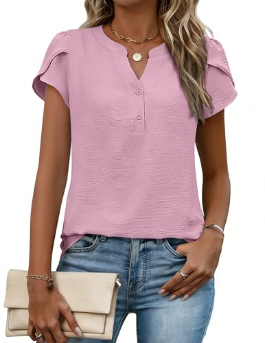 Zeagoo Trendy Tops for Women 2026 Spring Summer Clothing Cap Short Sleeve Shirts Business Causal Dressy Blouse Pink