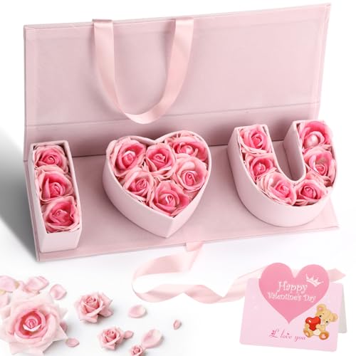 Fuyoooo Velvet I Love You Box with 15 Artificial Pink Roses Flower and Greeting Card for Mom Women Pink I Heart You Empty Flower Gift Box Letter Shaped Gift Packaging for Wedding Birthday