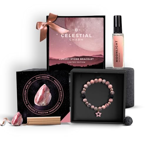 5 Senses Co. Luxury Celestial Bracelet Gift Set Combo for Women | Gift for Women, Mother, Sister, Friend, Girlfriend, Birthday | Couple Gifts | Certified Natural Stone Crystals Bracelet with Metallic Charm & Long Lasting Luxurious Moonlight Perfume | No Card