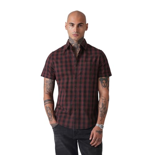 Image of BLUE BUDDHA Men Checked Casual Shirt | Tailored Fit Half Sleeve Shirt for Men | Curved Hem Ready to Wear, Office Casual & Weekend Wear