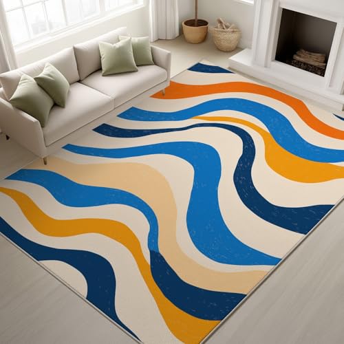 Genérico Alfombra Salon Habitacion 60 x 90 cm, Alfombras Lavable Lavadora Antideslizante, Patrones de Olas Retro Carpet Tapetes Comedor Modernas Pelo Corto, Azul-Amarillo