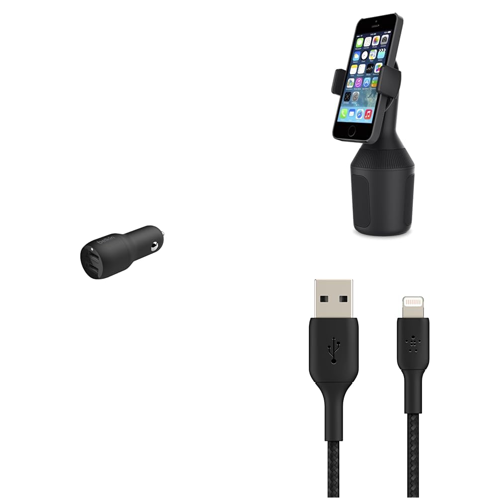 Belkin Premuim Car Bundle(Dual USB Car Charger 24W & Lightning/USB 1m cable & Car Cup Mount)