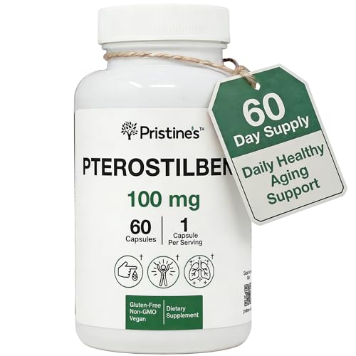 PRISTINES Pterostilbene 100mg Anti Aging Supplement Capsules - 60 Day Supply - Lung Health & Mental Clarity Antioxidant - High Bioavailability Vegan Non GMO