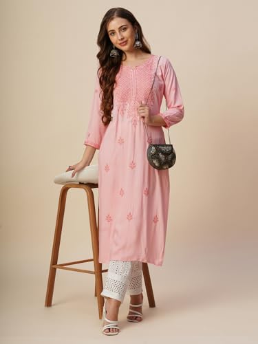 Image of RATAN Rayon Straight Lucknowi Chikankari Ethnic Wear Kurta for Women