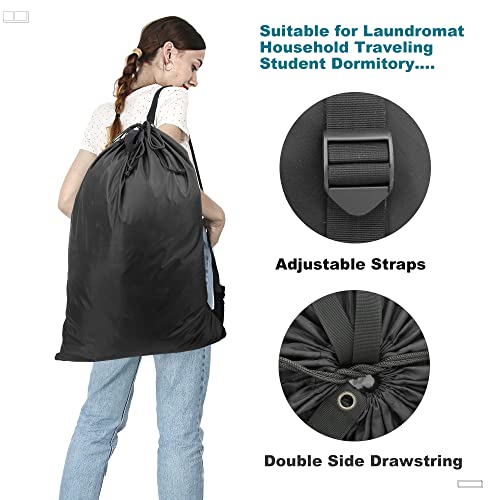 Beegreen Black Travel Laundry Bag 39" X 27.5" With Adjustable Straps & Handles 2 Pack Dirty Clothes Laundry Backpack Large Capacity Heavy Duty Drawstring Laundry Hamper Bag Machine Washable For College Students Storage Camping #TOP2